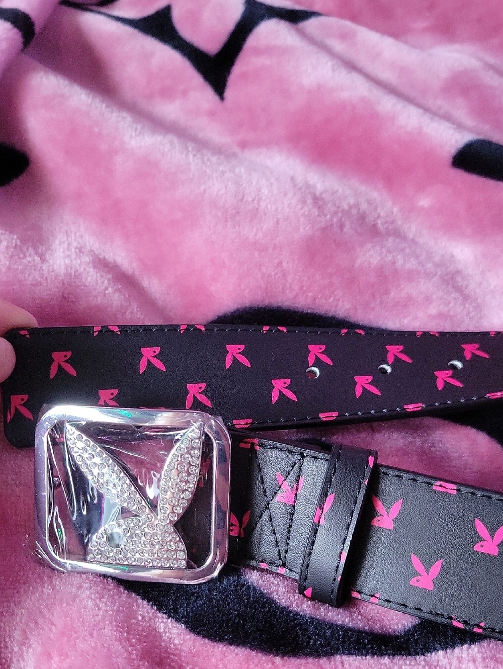 PLAYBOY Black Belt with Pink Bunny Motif and Crystal Bunny Buckle